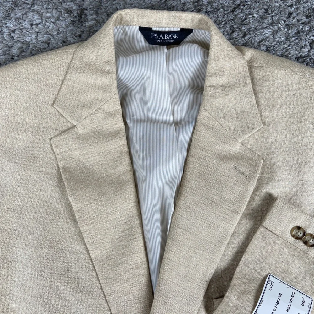 Jos A Bank Tropical Blend Blazer Mens 44R Tan Linen Wool 2 Button Sport Coat